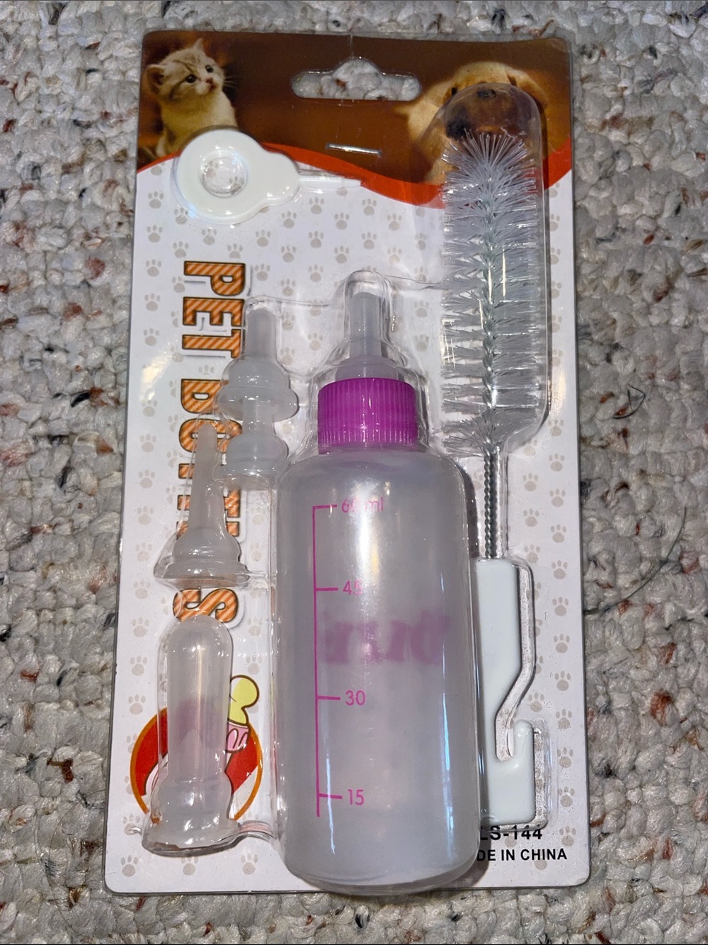 Pet Feeding Bottle Kit with Pink Cap and Cleaning Brush
